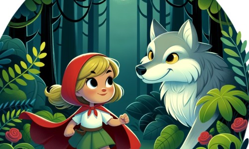 Une illustration destinée aux enfants représentant une petite fille courageuse et intrépide, affrontant un grand méchant loup dans une forêt mystérieuse et luxuriante, accompagnée de son fidèle chien Max.