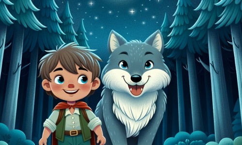 Une illustration destinée aux enfants représentant un petit garçon courageux, accompagné d'un loup souriant, dans une forêt sombre et profonde où les arbres sont si grands qu'ils touchent le ciel étoilé.