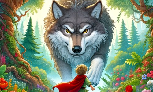Une illustration destinée aux enfants représentant un petit garçon courageux se tenant face à un grand méchant loup, entourés d'une forêt enchantée aux arbres majestueux et aux fleurs multicolores.