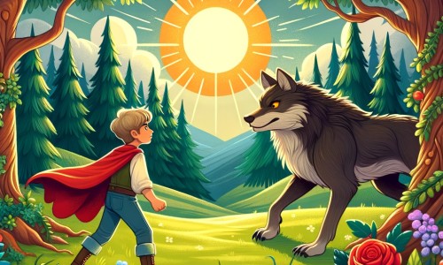 Une illustration destinée aux enfants représentant un petit garçon courageux, confronté au grand méchant loup dans une clairière enchantée, avec des arbres majestueux, des fleurs colorées et un soleil radieux.
