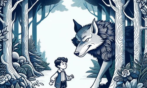 Une illustration destinée aux enfants représentant un petit garçon malin et rusé, se retrouvant face au grand méchant loup, dans une forêt dense et mystérieuse, entourée d'arbres majestueux et de buissons touffus.