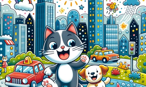 Une illustration destinée aux enfants représentant un chat curieux et aventureux, accompagné d'un chien joyeux, explorant une ville animée avec ses gratte-ciel scintillants, ses voitures colorées et ses fontaines éclaboussantes.