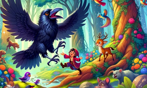Une illustration destinée aux enfants représentant un corbeau farceur, en train de jouer des tours à ses amis animaux, dans une forêt enchantée avec des arbres majestueux, des fleurs colorées et une rivière scintillante.