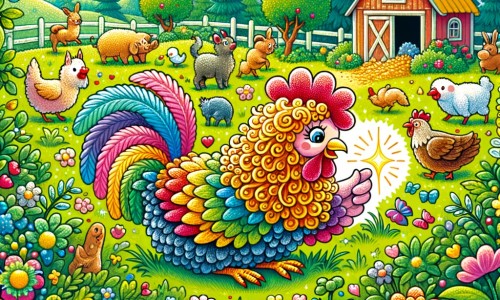 Une illustration pour enfants représentant une poule colorée et frisée vivant des aventures amusantes avec d'autres animaux dans une ferme enchantée.