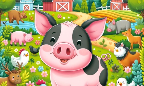 Une illustration destinée aux enfants représentant un joyeux cochon rose et noir, se retrouvant dans une ferme tranquille, entouré d'animaux rigolos, dans un paysage verdoyant et coloré de la campagne.