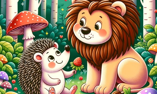 Une illustration destinée aux enfants représentant un adorable hérisson, se retrouvant dans une situation hilarante avec un lion, dans une forêt enchantée remplie de champignons colorés et de baies juteuses.