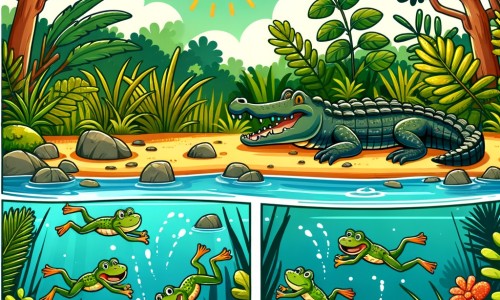 Une illustration destinée aux enfants représentant un crocodile solitaire s'étendant au soleil dans une jungle luxuriante, tandis que des grenouilles joyeuses organisent une compétition de plongée dans une rivière scintillante.