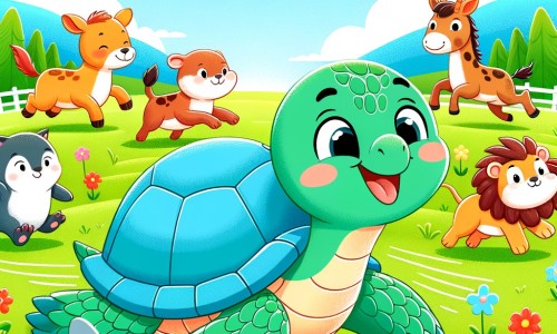 Une illustration destinée aux enfants représentant une tortue joyeuse et lente, accompagnée d'animaux vifs et espiègles, dans une prairie verdoyante où se déroule une course amusante.