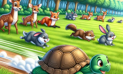 Une illustration destinée aux enfants représentant une tortue pleine de détermination participant à une course de vitesse dans une prairie verdoyante, avec des animaux de la forêt comme spectateurs amusés.