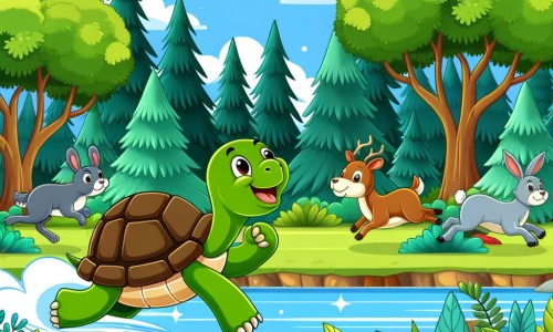 Une illustration destinée aux enfants représentant une tortue joyeuse et déterminée, participant à une course contre des animaux rapides, dans une forêt verdoyante avec des arbres majestueux, des fleurs colorées et une rivière étincelante.