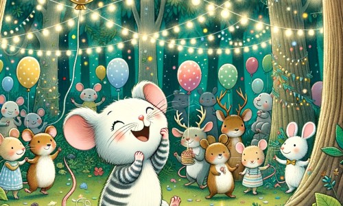 Une illustration destinée aux enfants représentant une petite souris espiègle qui participe à une fête animée avec des amis dans une forêt enchantée, remplie de guirlandes scintillantes, de ballons colorés et d'odeurs délicieuses.