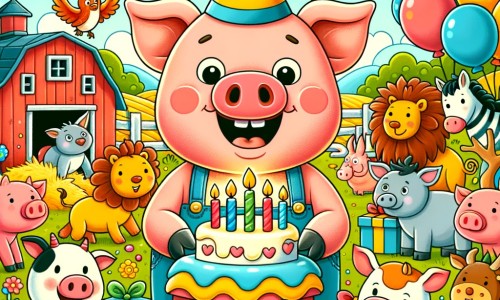 Une illustration destinée aux enfants représentant un joyeux cochon dans une ferme colorée, entouré d'animaux rigolos, préparant une fête surprise pour célébrer un anniversaire spécial.