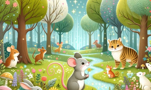 Une illustration destinée aux enfants représentant une souris intrépide et curieuse, accompagnée de ses amis animaux, explorant une forêt enchantée remplie de fleurs colorées, d'arbres majestueux et de petits ruisseaux scintillants.