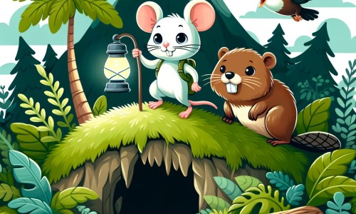 Une illustration destinée aux enfants représentant une souris aventurière, accompagnée d'un castor bavard, explorant une île mystérieuse recouverte de végétation luxuriante et abritant une grotte sombre et profonde.