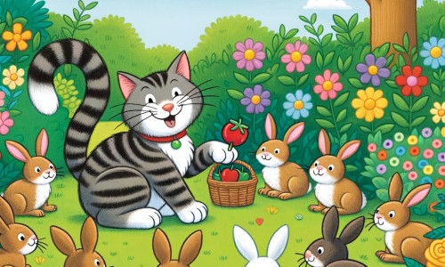 Une illustration destinée aux enfants représentant un chat espiègle et farceur, jouant des tours à un groupe de lapins dans un jardin verdoyant rempli de fleurs colorées.