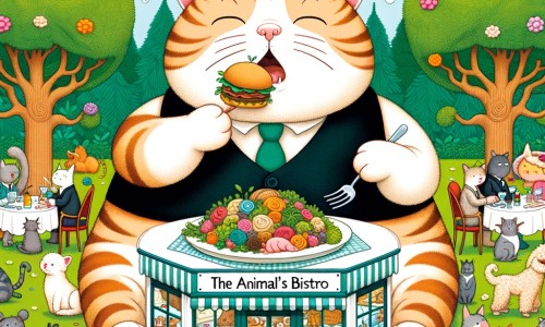 Une illustration pour enfants représentant un chat gourmand à la recherche d'un repas savoureux dans un restaurant chic, mais qui se retrouve poursuivi par des serveurs en colère dans une ruelle sombre.