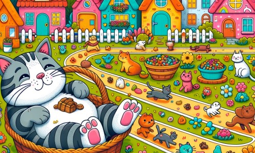 Une illustration pour enfants représentant un chat paresseux qui doit participer à une course de vitesse pour gagner un panier de croquettes, dans un quartier rempli d'animaux amusants.