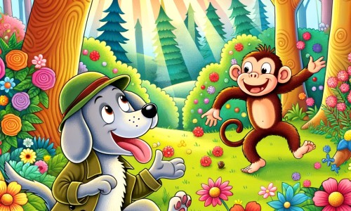 Une illustration destinée aux enfants représentant un chien espiègle et curieux, se retrouvant dans une joyeuse pagaille avec un singe farceur, dans une forêt enchantée remplie d'arbres colorés et de fleurs brillantes.