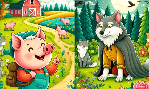 Une illustration destinée aux enfants représentant un joyeux cochon qui rêve de partir en voyage, accompagné d'un vieux loup bienveillant, dans une ferme colorée entourée de vastes champs verdoyants et d'une forêt mystérieuse.
