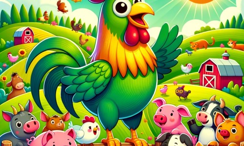 Une illustration destinée aux enfants représentant un coq joyeux, entouré d'animaux rigolos, dans une ferme colorée avec des champs verdoyants et un soleil radieux.