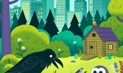 Une illustration destinée aux enfants représentant un corbeau affamé, cherchant désespérément de la nourriture en ville, accompagné d'une chouette sage, dans un parc verdoyant avec une petite cabane mystérieuse au fond.