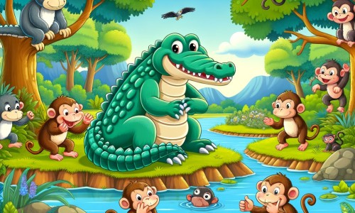 Une illustration destinée aux enfants représentant un crocodile espiègle qui joue des tours à ses amis animaux, accompagné d'un groupe de singes malicieux, dans une forêt luxuriante près d'une rivière scintillante.