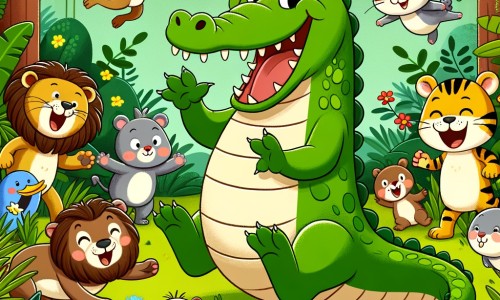 Une illustration destinée aux enfants représentant un crocodile farceur se trouvant au cœur d'une jungle luxuriante, accompagné d'animaux joyeux, dans une situation hilarante.