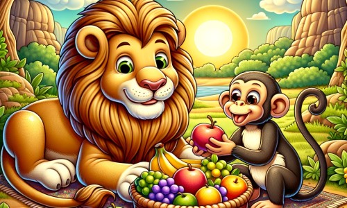 Une illustration destinée aux enfants représentant un lion gourmand se retrouvant dans une savane luxuriante, accompagné d'un singe malicieux, dans une situation où il découvre un panier rempli de fruits délicieux.