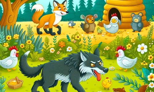 Une illustration pour enfants représentant un loup affamé dans une forêt, cherchant désespérément de la nourriture et rencontrant des amis animaux amusants, tels qu'un renard et un lapin.