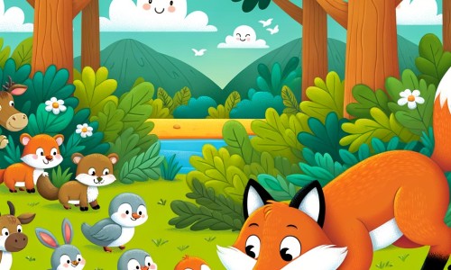 Une illustration destinée aux enfants représentant un renard malicieux, se faufilant dans une forêt luxuriante, accompagné d'un groupe d'animaux curieux, tandis qu'il prépare un tour amusant pour les surprendre.