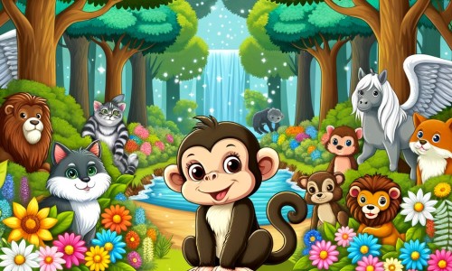 Une illustration destinée aux enfants représentant un singe farceur, accompagné de ses amis animaux, dans une forêt enchantée pleine de fleurs colorées, d'arbres majestueux et d'une rivière scintillante.