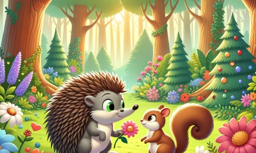 Une illustration destinée aux enfants représentant un hérisson curieux et aventurier qui fait la rencontre d'un écureuil dans une forêt enchantée pleine de fleurs colorées, d'arbres majestueux et d'animaux joyeux.
