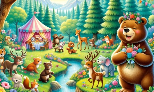 Une illustration destinée aux enfants représentant un adorable ours en train de faire une grande fête avec ses amis animaux dans une clairière enchantée, remplie de fleurs colorées, d'arbres majestueux et d'un joli ruisseau scintillant.