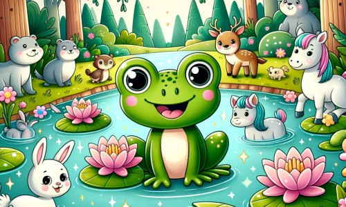 Une illustration destinée aux enfants représentant une charmante grenouille, vivant dans une mare scintillante bordée de nénuphars, qui fait la rencontre d'animaux amusants et traverse des aventures joyeuses dans une forêt enchantée.