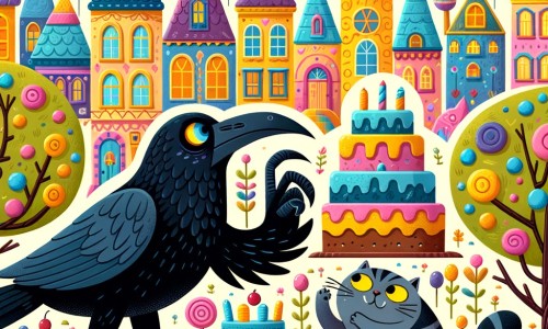 Une illustration pour enfants représentant un élégant corbeau affamé en quête de nourriture, cherchant un sandwich dans une petite ville animée.