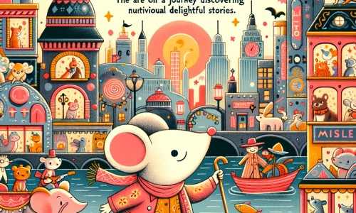 Une illustration destinée aux enfants représentant une petite souris aventurière se promenant dans une ville colorée, accompagnée de ses amis animaux, à la découverte de nombreuses histoires amusantes.