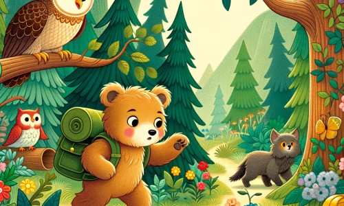 Une illustration destinée aux enfants représentant un ourson espiègle en train de chercher un trésor caché avec l'aide de son ami hibou sage, dans une magnifique forêt verdoyante remplie d'arbres majestueux et de fleurs colorées.