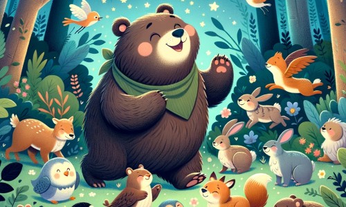 Une illustration destinée aux enfants représentant un adorable ours en train de vivre de joyeuses aventures avec ses amis animaux dans une forêt luxuriante et enchantée.