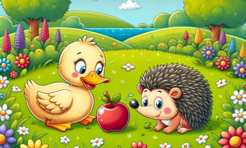 Une illustration destinée aux enfants représentant un canard joyeux qui fait la rencontre d'un hérisson coincé avec une pomme dans une prairie verdoyante parsemée de fleurs colorées.