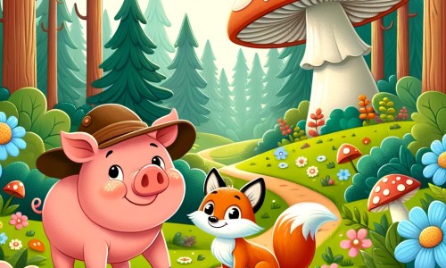 Une illustration destinée aux enfants représentant un joyeux cochon rose, en quête d'aventure, accompagné d'un rusé renard, explorant une forêt enchantée avec de grands arbres verts, des fleurs colorées et un champignon géant.