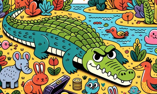 Une illustration destinée aux enfants représentant un crocodile grincheux se retrouvant dans une forêt colorée entourée d'animaux joyeux, à la recherche d'un trésor mystérieux.