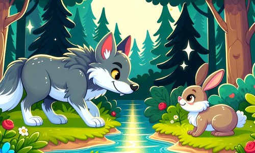 Une illustration destinée aux enfants représentant un loup malicieux, dans une forêt enchantée, qui rencontre un lapin timide près d'une rivière scintillante.