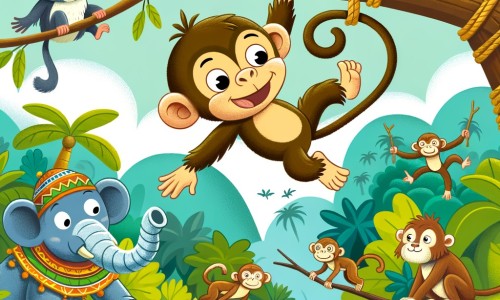 Une illustration destinée aux enfants représentant un singe espiègle se balançant de branche en branche dans une jungle tropicale, accompagné d'un ami maladroit, tandis que les autres animaux observent joyeusement.
