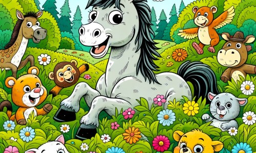Une illustration destinée aux enfants représentant un cheval espiègle, entouré d'animaux rigolos, dans une prairie verdoyante parsemée de fleurs multicolores.