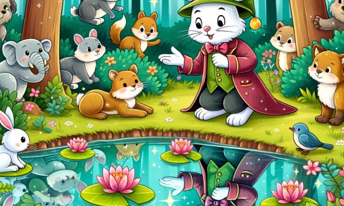 Une illustration destinée aux enfants représentant un charmant lapin farceur se retrouvant dans une forêt enchantée, entouré d'animaux curieux et facétieux, près d'un étang étincelant entouré de nénuphars colorés.