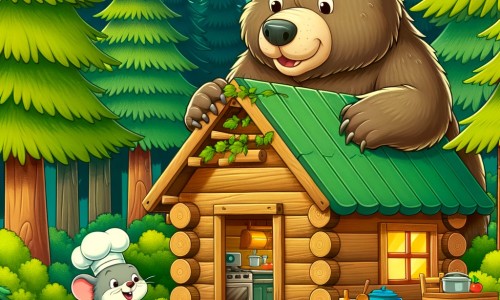 Une illustration destinée aux enfants représentant un ours gourmand se retrouvant dans une maisonnette en bois au milieu d'une magnifique forêt verdoyante, accompagné d'une petite souris cuisinière.