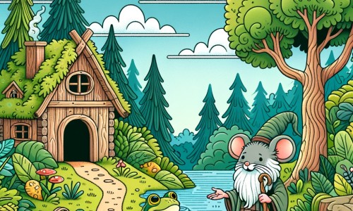 Une illustration destinée aux enfants représentant une souris aventurière se liant d'amitié avec une grenouille excentrique dans une petite maison en bois au cœur d'une forêt luxuriante.