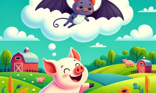 Une illustration destinée aux enfants représentant un joyeux cochon, rêvant de voler, accompagné d'une chauve-souris complice, dans une ferme colorée entourée de vastes champs verdoyants et d'un ciel bleu parsemé de nuages blancs moelleux.