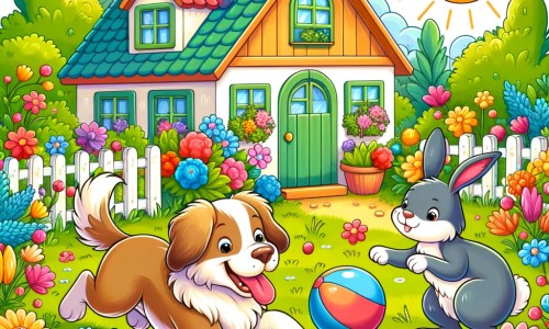 Une illustration destinée aux enfants représentant un chien plein d'énergie, accompagné de ses amis un chat et un lapin, vivant dans une maison colorée avec un grand jardin verdoyant où ils jouent à la balle au milieu de fleurs multicolores.