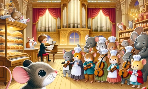 Une illustration destinée aux enfants représentant une petite souris curieuse se trouvant dans une boulangerie enchantée, accompagnée d'un joyeux groupe d'animaux, alors qu'ils se préparent pour un concours de chant dans une magnifique salle de concert.